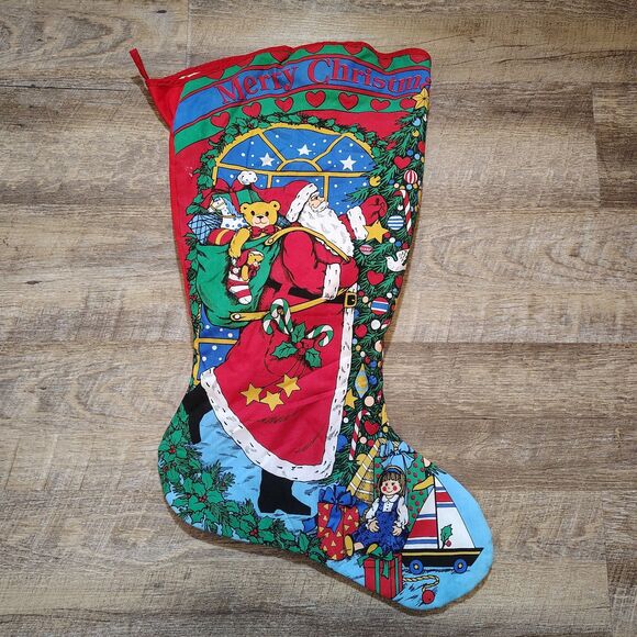 Vtg Pair Handmade Large Christmas Stockings Santa Teddy Bear & Toy Print  Retro - Picture 2 of 8